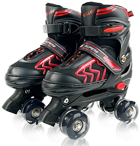 HXWY Kids Roller Skates for Boys Girls Child, Adjustable 4 Sizes Roller Skates for Kids and Youth with Light Up Wheels, Quad Black & Red Roller Skates for Sports (Youth 4-7)