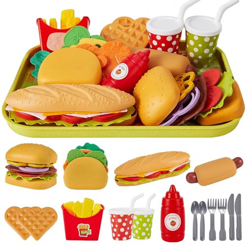 BUYGER Küchenspielzeug Lebensmittel Spielzeug für Kinder, Kinderküche Zubehör, Taco Hamburger Fast Food Kindergrill Spielzeug, Plastik Spiel Essen für Matschküche, Rollenspiele Geschenk 3 + Jahre
