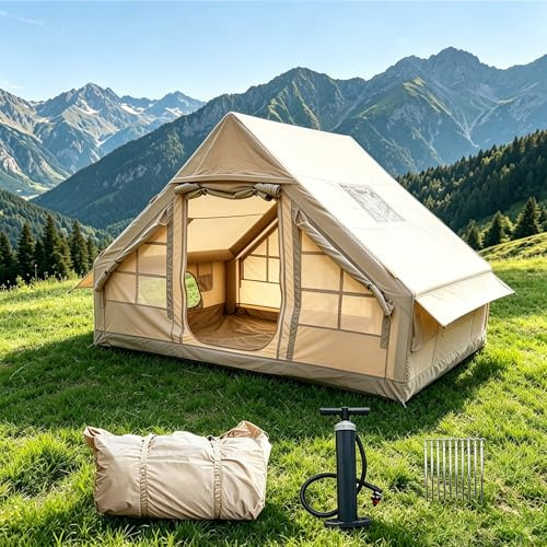 Inflatable Camping Tents with Pump, Air Glamping Tents, Easy Setup Waterproof and Windproof Blow up Tent, 4 Seasons Oxford Cabin Tent with Mesh & Chimney Window. (Small)