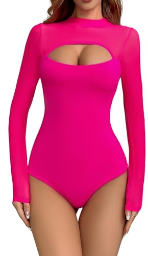 EVELIFE Body da donna sexy, a maniche lunghe, con scollo a V, in rete velata, con collo a tortora elasticizzato, top basic, rosa, S