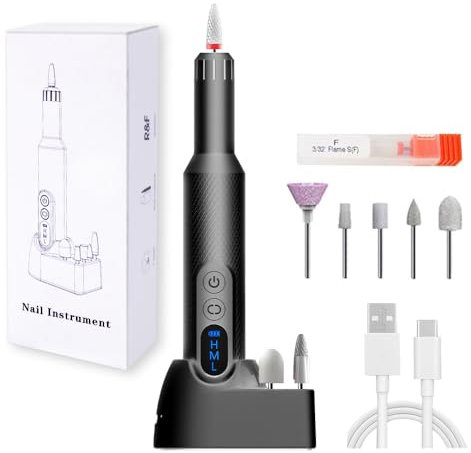 Pinkiou Torno para Uñas Profesional 20000 RPM, kit de manicura y pedicura, taladro eléctrico de, con base de carga inalámbrica y 6 brocas, lima de velocidad ajustable para uñas para