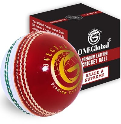ONEGlobal Supreme Cricketball aus Leder, 100 % handgenäht, 156 g, 4-teiliges Premium-Leder, wasserdicht, passende Qualität, harte Cricketbälle für Ligamaschinen, Netzübungen usw. (1 Rot und Weiß)