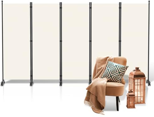 Fiqops Paravent Outdoor divisorio su ruote, 5 pezzi, 284 x 181 cm, paravento resistente alle intemperie, per esterni e ufficio, colore beige