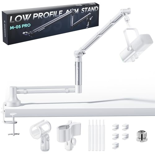 M05 pro Boom arm, 360° roterbart mikrofonstativ med skrivbordsfäste, vikbar skrivbordsmikrofonarm med 3/8 tum till 5/8 tum skruvadapter, mikrofonarm för livestreaming, spel (vit)