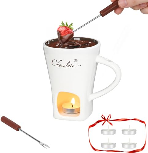 Fondue Pot Cup Set, Chocolate Melting Fondue Mugs with 2 Forks & 4 Tealights, Mini White Ceramic Fondue Set for Cheese, Marshmallows, Sweet Fondue Cup for Date Night, Party, Wedding, or Holiday Gift