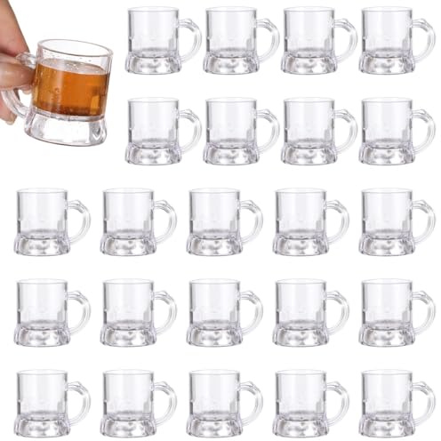 24 mini boccali da birra in plastica, 60 ml, piccoli bicchierini da shot con manici, bicchieri trasparenti riutilizzabili per birra, whisky, succhi di frutta, per matrimoni ed eventi