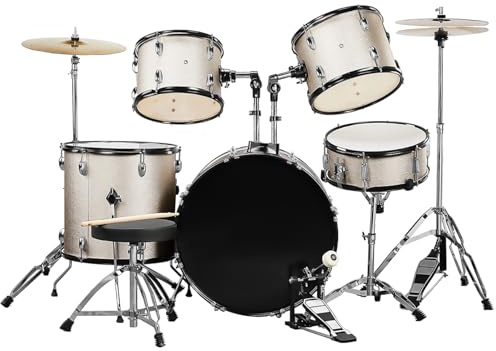 Ktaxon 22 Inch Adult Drum Set, 5-Piece Full-Size Drums Kit with Cymbal Stands, Hi-hat Stand, Sticks, Drum Pedal, Stool & Floor Tom for Beginner Teens Student (Silver)