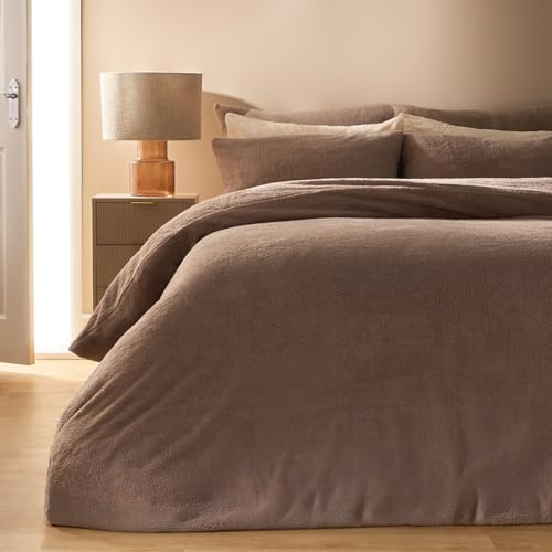 Brentfords Double Teddy Fleece Duvet Set, Winter Bedding Super Soft Warm Thermal Double Duvet Set Plain Dye Fluffy Cosy Teddy Bear Bedding with Pillowcases, Mink