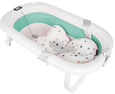 Vasca da bagno per neonati con tappetino da bagno e termometro, vasca da doccia portatile antiscivolo, vasca da bagno pieghevole per neonati bambini, 80 x 50 x 23 cm (verde)