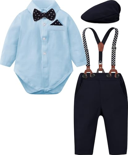 mintgreen Set di 3 vestiti da matrimonio per bambino, con bretelle, papillon e cappello, 3-18 mesi, Azzurro, 3-6 Months