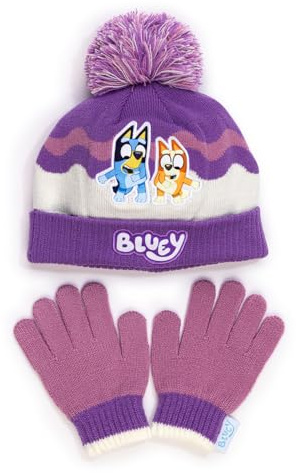Bluey Girls Winter Hat and Gloves Set – Toddler Beanie with Pom Pom and Matching Knit Gloves – Official and Bingo Cartoon Accessories – One Size, 100% Acrylic