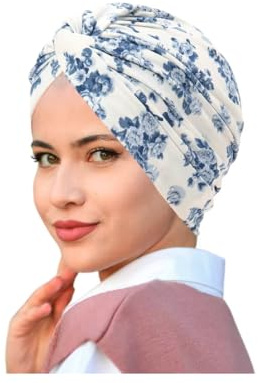 Förbunden huvudbonad kemo huvudbonad för kvinnor UK mössa halsduk turban keps blommig bomull känsla stil alopecia bandana huvudskydd, Ljusblå blomma, one size