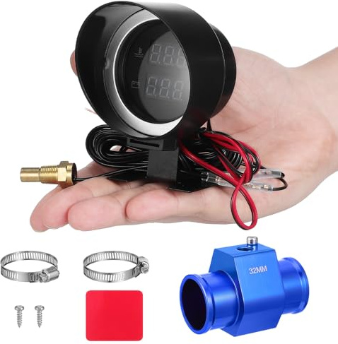 BELLIFFY Manometro Temperatura Acqua per Auto con Doppio Monitoraggio e Compatibilità Ampia di Tensione, Kit Misurazione Temperatura Acqua Auto con Adattatore in Lega di Alluminio per DIY