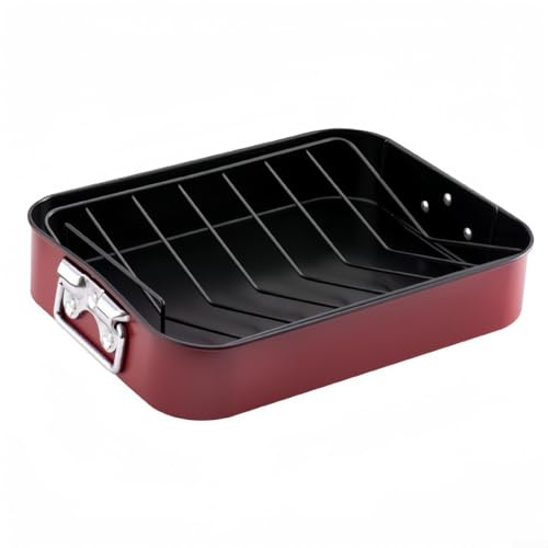 Teglia da forno in acciaio inox per tacchino e altro, 40,6 x 30,5 cm, con griglia antiaderente e a forma di V per sgocciolare i grassi, include manici per un facile sollevamento