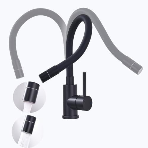 Fandipitous Rubinetto flessibile da cucina, nero, rubinetto da cucina in acciaio inox con 2 tipi di getto, rubinetto ad alta pressione, girevole a 360°, miscelatore da cucina con aeratore a risparmio