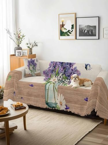 Purple Lavender Sofa Cover Blanket Couch Covers for Armchair Cushion,Couch Sofa Silpcover with Tassel,Spring Floral Daisy Butterfly Leaves Beige Living Room Throw Towel Blanket Covers XX-L 71x150