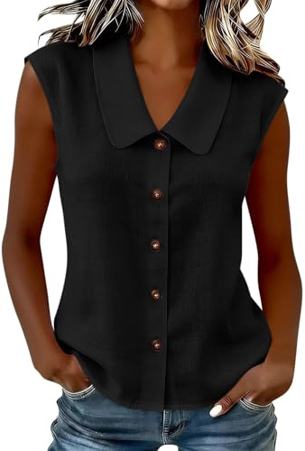 Blouses for Women UK,Ladies Sleeveless Button-Down Shirt Casual Loost Fit Peter Pan Collar Blouses Shirts for Women Fashion Solid Color Women's Summer Tops for Beach Work Daily Wear