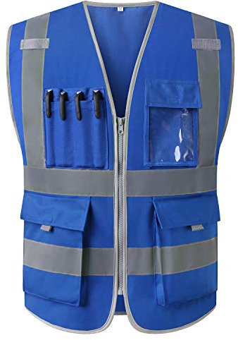 Warnweste, Blau, Sicherheitsweste, reflektierend, mit Taschen und Reißverschluss, für Damen und Herren, Bauarbeitskleidung (XL, Blau)