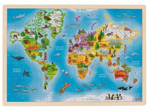 goki 57460 Einlegepuzzle Welt aus Holz, Holzpuzzle mit Tieren und Menschen der Erde, Lernspielzeug und Kinderpuzzle, fördert Fantasie und Motorik, 46cm x 30cm, 192er Set, ab 4 Jahre
