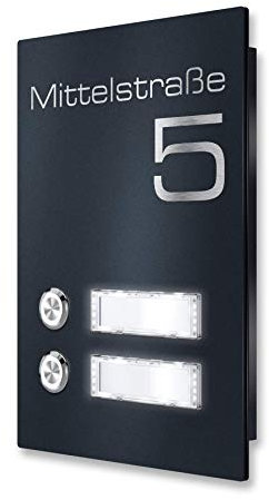 Metzler® Edelstahl Türklingel mit 2 Tastern und austauschbaren Namensschildern anthrazit RAL 7016 wetterfest IP67 Aufputz-Montage LED-beleuchtbar 156x220mm 10 Jahre Ersatzteilverfügbarkeit