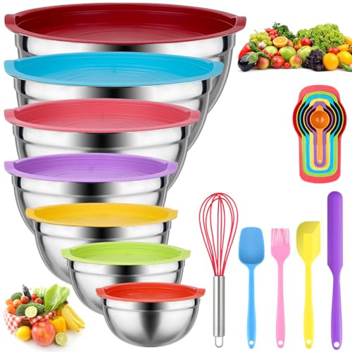 Leidawn Mixing Bowls with Lids for Kitchen - 25 PCS Stainless Steel Nesting Colorful Mixing Bowls Set for Baking,Mixing,Serving & Prepping,Size 5, 3.7, 2.8, 2.3, 1.7, 1.1, 0.7QT,11 Cooking Utensils