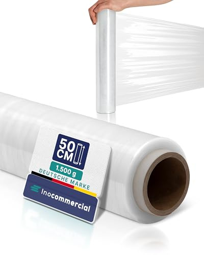 Inoverse Stretchfolie transparent blöjfilm, film för möbler och flyg, pallfolie, handstretchfolie, förpackningsfolie på rulle, stretchfolierulle, förpackningsmaterial, 50 cm/1,5 kg, 1 rulle