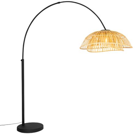 Qazqa Oriental Lámpara de arco oriental negra con bambú natural - Pua Bambú/Acero Alargada Adecuado para LED Max. 1 x 40 Watt