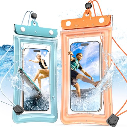 R-fun Custodia Impermeabile per Cellulare 2 Confezioni, IPX8 da 7 Pollici, per iPhone 15/14/13/12/11 Pro Max/SE/Samsung Huawei, Blu Arancione