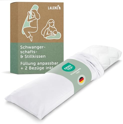 Laleni Almohada de Embarazo 40x145 cm + 2 Fundas, Cojín de Lactancia Certificado Oeko-Tex, Almohada de Soporte para Dormir Lateral, Almohada de Maternidad, Serpiente de Cama + 2 Fundas en Blanco