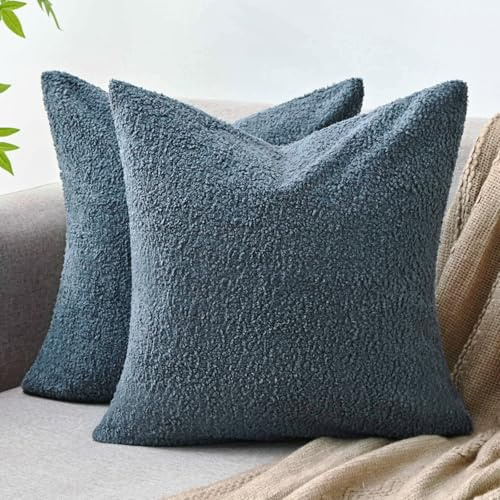 Cheekywares Juego de 2 Fundas de Cojines 40x40 cm Fundas de Almohada de Piel Sintética para Sofá Rizado Esponjoso Azul Fundas de Cojines para Sofá Sala de Estar Banco de Jardín, Azul