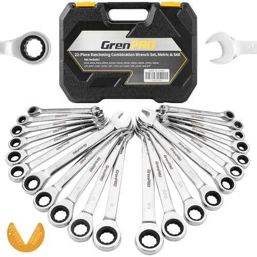GRENPRO 23 Piece Ratcheting Wrench Set, Open End Wrench Set Metric And Standard 6-18mm & SAE 1/4-3/4, Combination Wrenches Sets, Organizer Tool Box, 72 Tooth Large Wrench Hand Tools Set With 1 Gauge