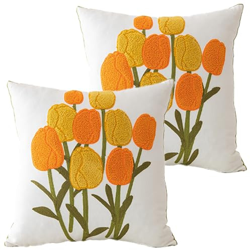 Floral Pattern Throw Pillow Covers Flower Cushion Pillow Covers Square Decorations Throw Pillow Covers 2 Pack for Sofa Living Room Home Tulip 45x45cm