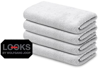 LOOKS BY WOLFGANG JOOP 4X Gästehandtuch 30x50 cm – 100% Baumwolle Luxus Gästehandtücher mit Aufhänger & Logostick, 4er Set Gästetuch hellgrau