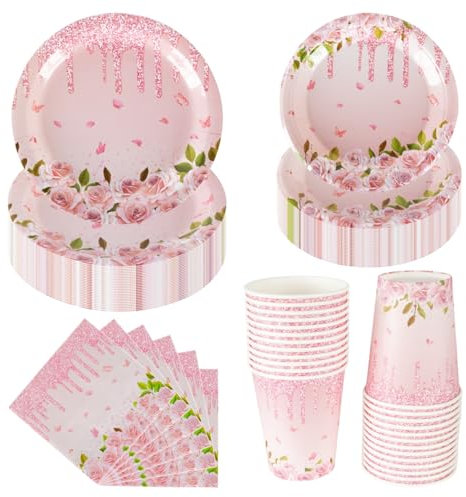CEILIWEN Set da tavola per festa, 100 pezzi, piatti di carta per tè, bicchieri e tovaglioli, forniture per festa rosa pastello, per 25 ospiti