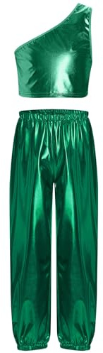 MSemis Completi Sportivi da Danza Moderna Jazz Hip Hop Bambine Ragazze Tute da Ginnastica Ballo di Strada Crop Top Monospalla Paillettes Canotte + Pantaloni con Cintura Verde A 9-10 anni