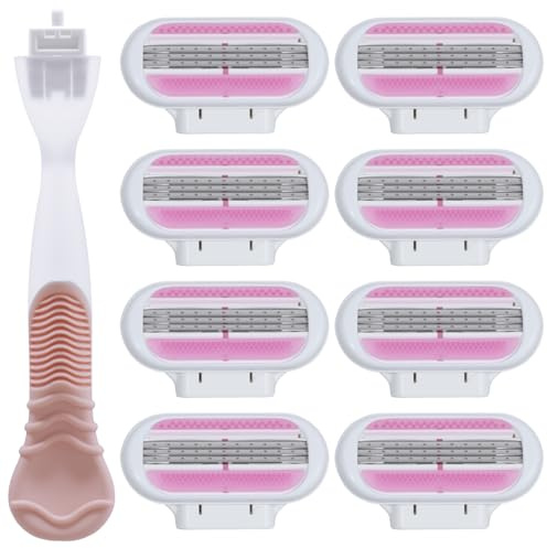8 Pcs Razors Women Blades Refills With 1 Pink Handle Compatible with Venus | Compatible with Gillette Venus Womens Razors, 3 Layer Blade & Pivoting Head, Washable Easy to Replace, For Sensitive Skin