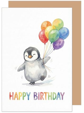 Edition Seidel Premium Tarjeta de felicitación de cumpleaños con sobre, tarjeta de felicitación, tarjeta de cumpleaños, con texto en inglés con pingüino, globos lindos coloridos para niños, niñas y