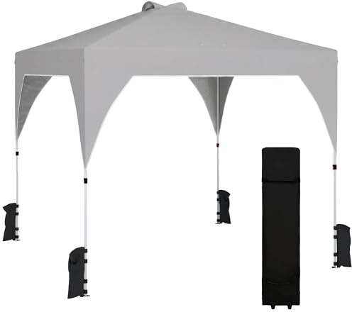Outsunny Carpa Plegable 3x3 m, Pop-up, Cenador Pabellón de Jardín con Ventilación Superior, Bloqueo Central, UPF50+, Altura Ajustable 3 Niveles, Bolsa Transporte con Ruedas, Sacos de Arena, Gris