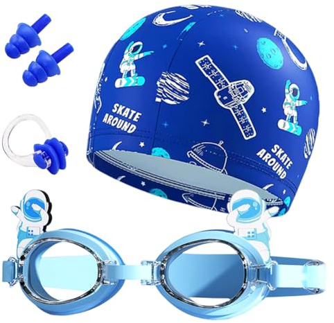 Kids Swim Goggles Swim Cap Set, Astronaut Stretchable Polyester Swim Hat for Children, with Nose Clip, Adjustable Anti-Fog UV Protection Goggles, Durable Waterproof Swimming Cap for Boys Girls