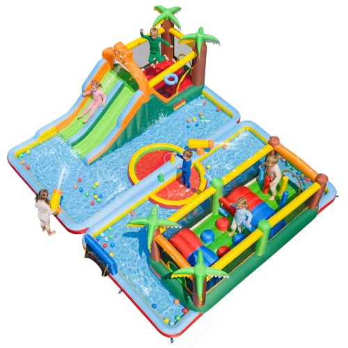 COSTWAY Hoppborg XXL, vattenpark, kan användas ensam eller kombinerat | Bouncy Castle med 2 glidor, hoppområde, klättervägg, ringkastning, plaskdamm och 2 vattenpistoler