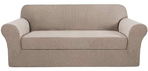 2 Piece Stretch Sofa Covers Couch Covers for Living Room Furniture Slipcovers (Base Cover Plus Seat Cushion Cover) Feature Upgraded Thicker Jacquard Fabric Removable Washable (Sofa, Sand)