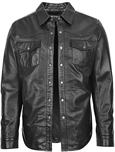 Camisa de cuero auténtico para hombre estilo clásico de camionero occidental Oliver, Negro, XXL