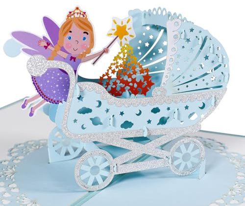Magic Ants Baby Boy Pop Up Card with Blue Carriage and Fairy, 3D Newborn Greeting Card for Baby Shower, New Parents, or Birth Announcement, Includes Envelope and Blank Note Card