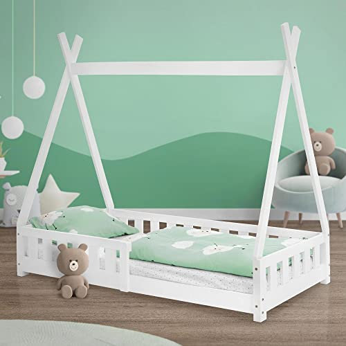 ML-Design Kinderbett Tipi 80x160 cm Weiß mit Rausfallschutz und Lattenrost, aus Kiefernholz massiv, Indianer Bett für Mädchen/Jungen, Hausbett mit Zaun, Bodenbett Kinderhaus Jugendbett Spielbett Zelt