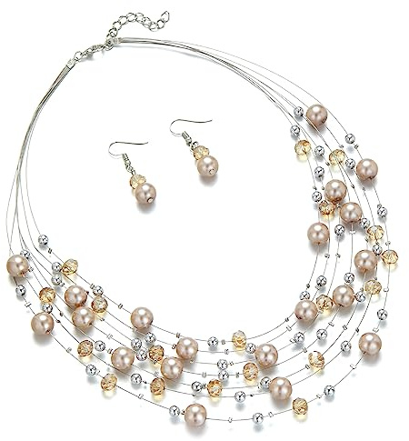 Errally Layered Pearl Beaded Necklaces for Women Multi Layered Pearl Choker Necklace Boho Jewelry for Women Gifts for Mom(Champagne)