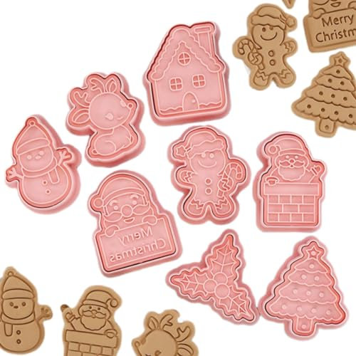 Yealoo Juego de 8 cortadores de galletas navideñas, molde para galletas de Navidad, plástico 3D, cortadores de galletas navideñas, molde para galletas (juego de Navidad C)