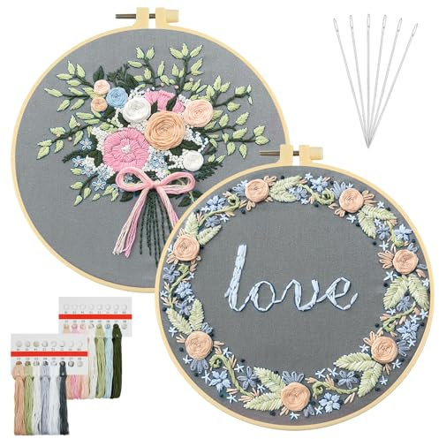 AUAUY Stickset für Anfänger, Blumenmuster Pflanzen Sticken Set Erwachsene Stickerei Set mit 2 Stück Stickrahmen, Anleitung, Farbfäden und Werkzeuge, Kreuzstich Set für DIY Kunst, Handwerk
