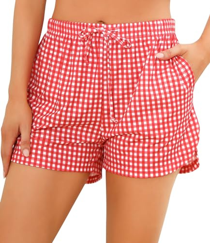 Wikoan Pantaloncini Donna, Cotone Morbido e Confortevole Plaid Estivi Pantaloni di Pigiama Corti con Tasche e Coulisse S-XXL