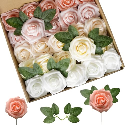 Lansdowns Rose artificiali in schiuma, 25 pezzi, rose finte dall'aspetto reale con steli e foglie, decorazione per la casa, feste, giardino, centrotavola, bouquet di nozze (sfumature di rosa rosa)