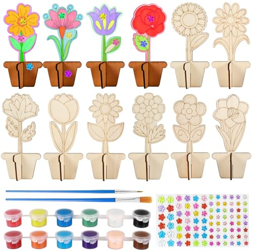 Annickee 12 Fleurs Bois à Peindre, Kit de Bricolage 3D pour Enfants, Fleur Bois Decoration avec Pinceau, Bandes de Couleur, Autocollants, Tulipes, Pots de Fleurs pour Bricolage et Peindre